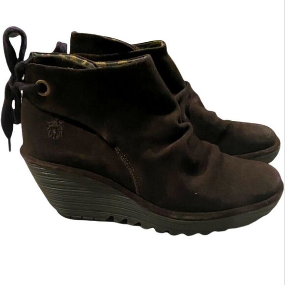 Fly London Suede Yama Wedge Bootie Sludge Brown Lace Up 10 - Picture 1 of 8